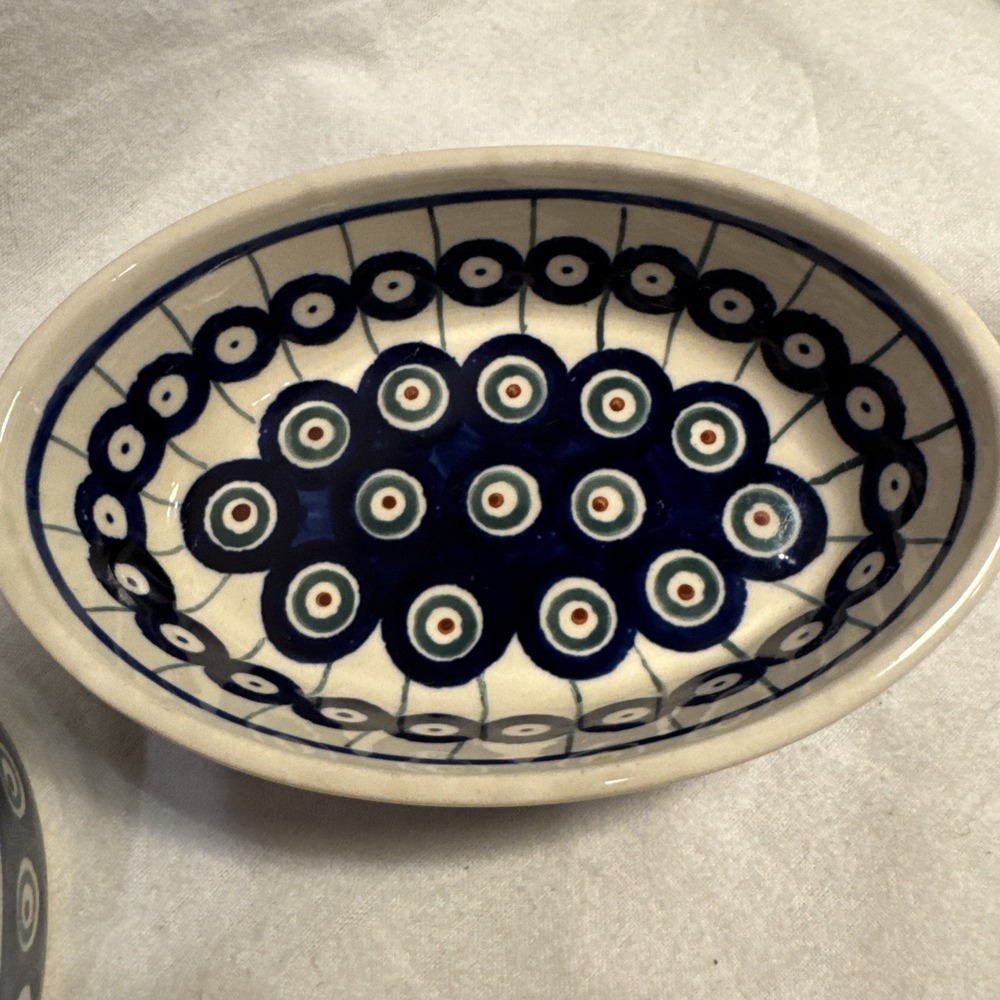 SET of 2 Boleslawiec Polish Pottery Dish Peacock Circle Oval Au Gratin Baking - Picture 3 of 5